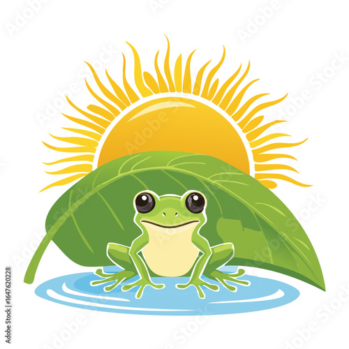 Cheerful green frog hiding under a leaf during sunset