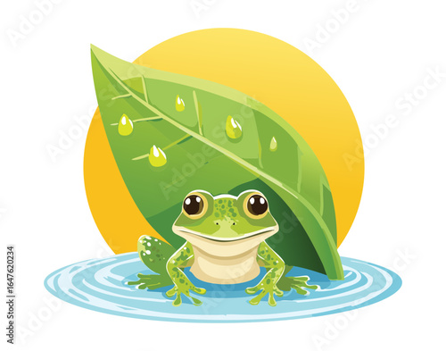 Happy green frog resting under a big leaf with sunset