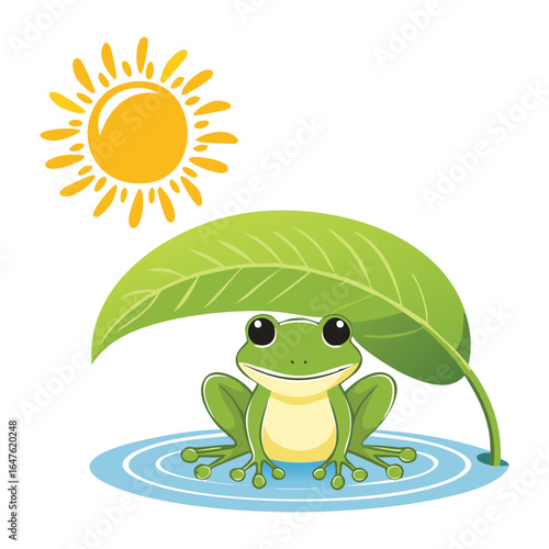 Cheerful frog sitting on a lily pad with a large leaf