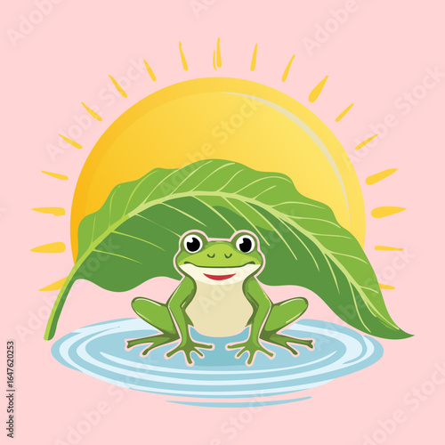 Cute green frog on lily pad under leaf at sunset