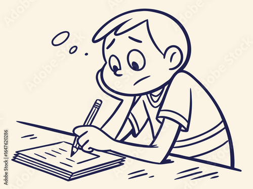 Vector illustration of a thoughtful boy writing in his notebook, reflecting on his ideas