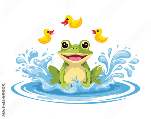 Excited frog and baby ducks playing splashing water together