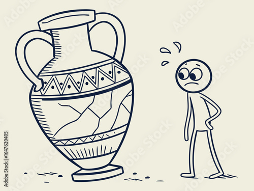 Vector illustration of a worried character standing next to a large decorative vase