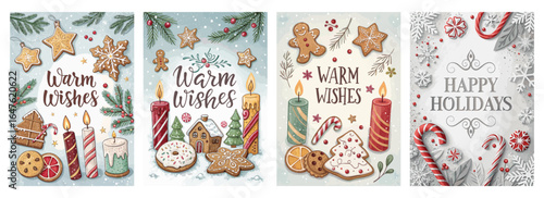 Four festive holiday cards featuring gingerbread cookies and candles, creating a warm, cozy atmosphere.