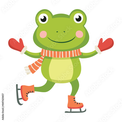 Adorable cartoon frog on skates wearing red scarf and mittens
