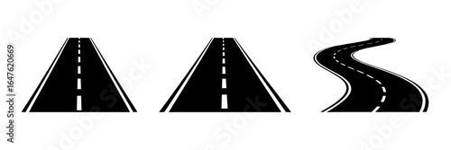 Versatile concept of road icons illustrating straight, converging, and winding pathways for various design applications.