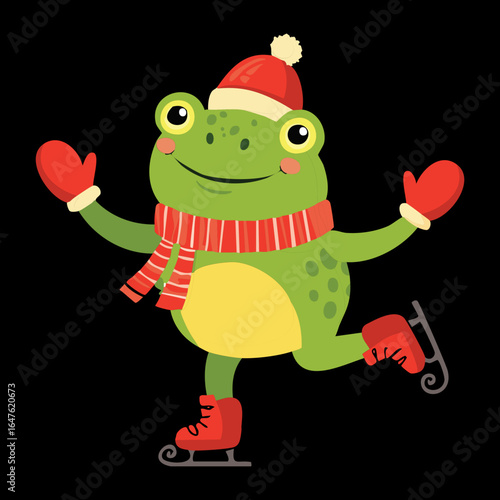 Happy amphibian ice skater wearing a festive winter hat