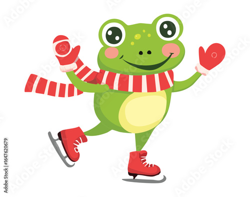 Smiling frog on ice skates with red scarf and mittens