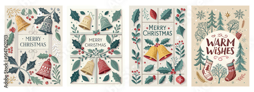 Decorative Christmas cards featuring bells, holly, and warm wishes in a festive design.