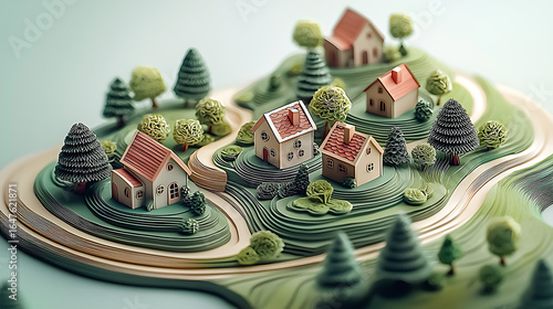 Charming miniature village diorama created from layered paper, illustrating a sustainable community with houses on rolling green hills.