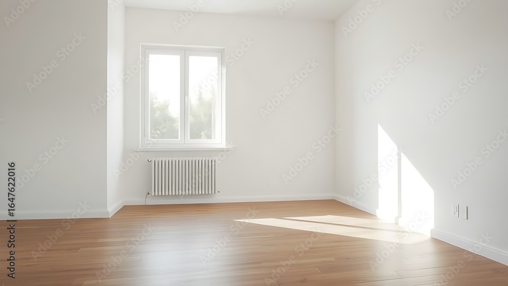 Fototapeta premium Minimalist mid-century modern living space with wooden floors and soft natural light from a window.
