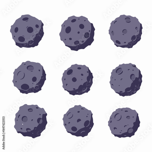 A collection of nine stylized cartoon asteroids or moon rocks with craters, isolated on a white background, perfect for space-themed designs.