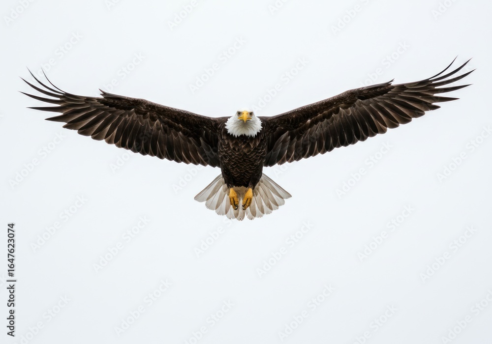 Fototapeta premium Bald Eagle in Flight Against White Sky with Outstretched Wings