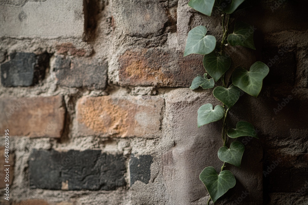 Green ivy vine climbs a weathered brick wall, showcasing textures and contrasts. Green ivy vine climbs a weathered brick wall, showcasing textures and contrasts.