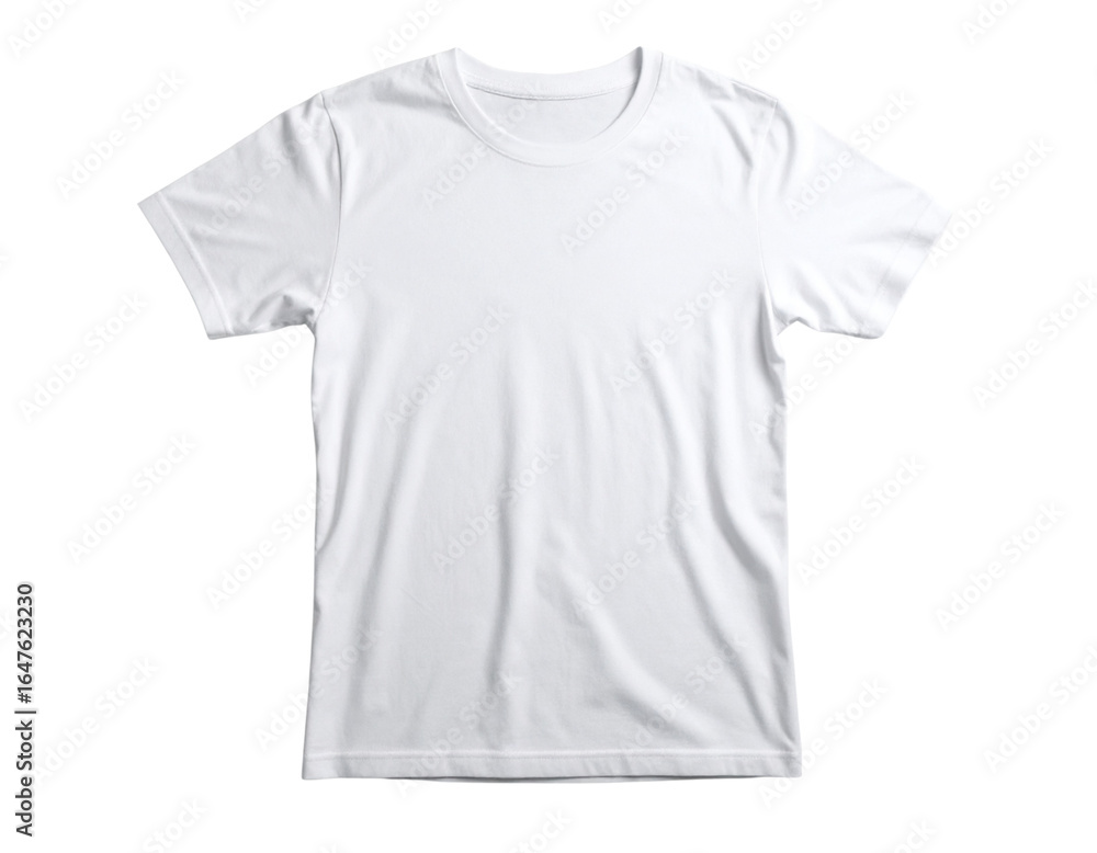 Fototapeta premium Plain white T-shirt lying flat on white surface isolated on transparent background PNG