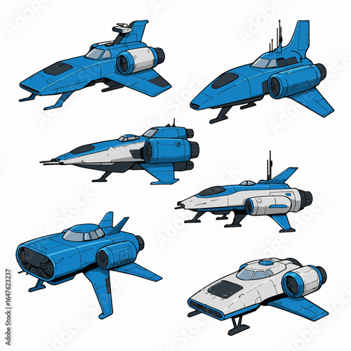 Stylized Cartoon Spaceships Collection: A Set of Six Diverse Blue and White Futuristic Spacecraft Illustrations with Landing Gear on White Background