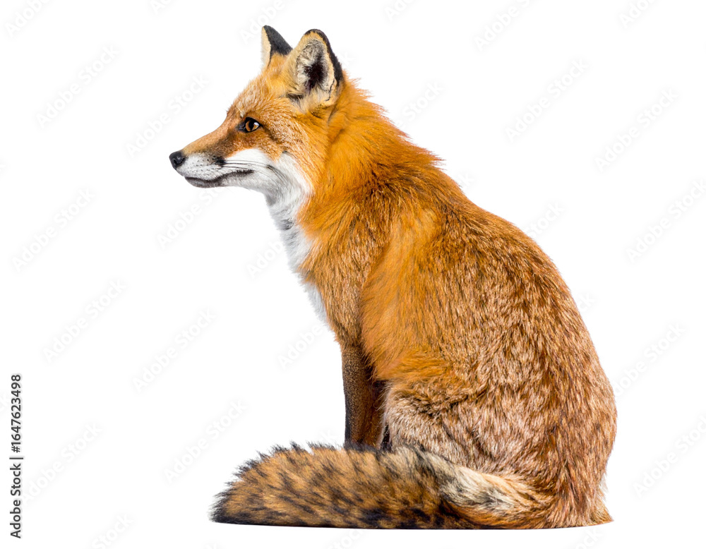 Fototapeta premium Realistic Orange Fox Sitting Calmly, Side View, Isolated on White Background 