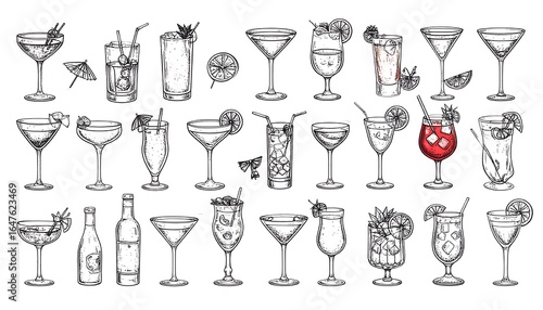 Elaborate assortment of hand-drawn cocktail illustrations in retro sketch style perfect for