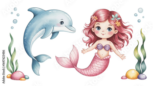 Cartoon mermaid with pink hair and dolphin swimming in the ocean water