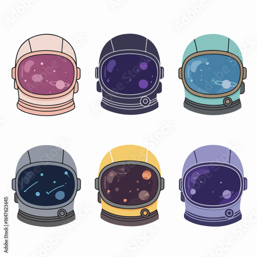 Colorful Cartoon Astronaut Helmets with Cosmic Visors, Featuring Planets and Stars – Space Exploration Vector Icons.