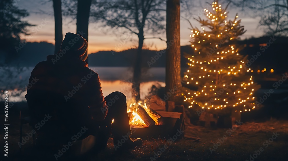 Fototapeta premium Holiday lights on tree and warm fire beside it peaceful setting