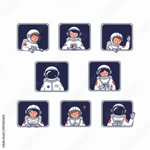 Diverse cartoon astronauts in spacesuits peeking from windows, a set of character illustrations for space and technology concepts.