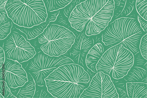 Lush tropical elephant ear leaves create a dense, elegant pattern. Vector botanical background in a hand-drawn, retro engraving or linocut style.