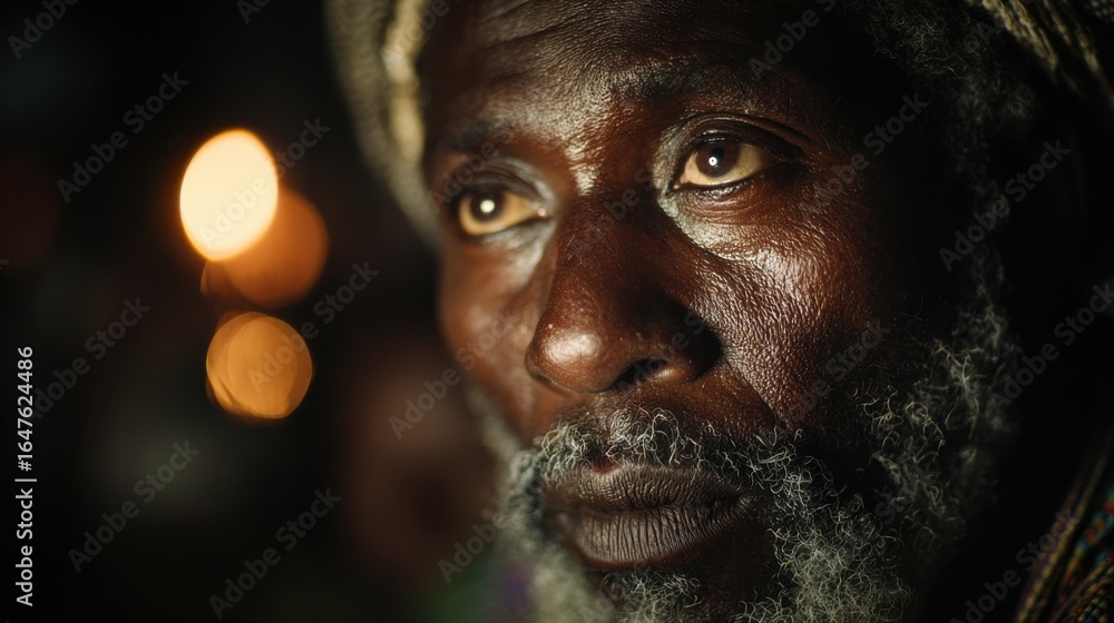 Medium shot capturing an elders face illuminated by firelight eyes intently conveying stories with the surrounding circle of listeners softly fading into the dark night. Medium shot capturing an elders face illuminated by firelight eyes intently conveying stories with the surrounding circle of listeners softly fading into the dark night.