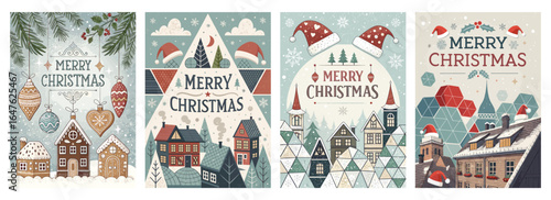 Festive collection of four Merry Christmas cards featuring whimsical winter scenes and holiday decorations.