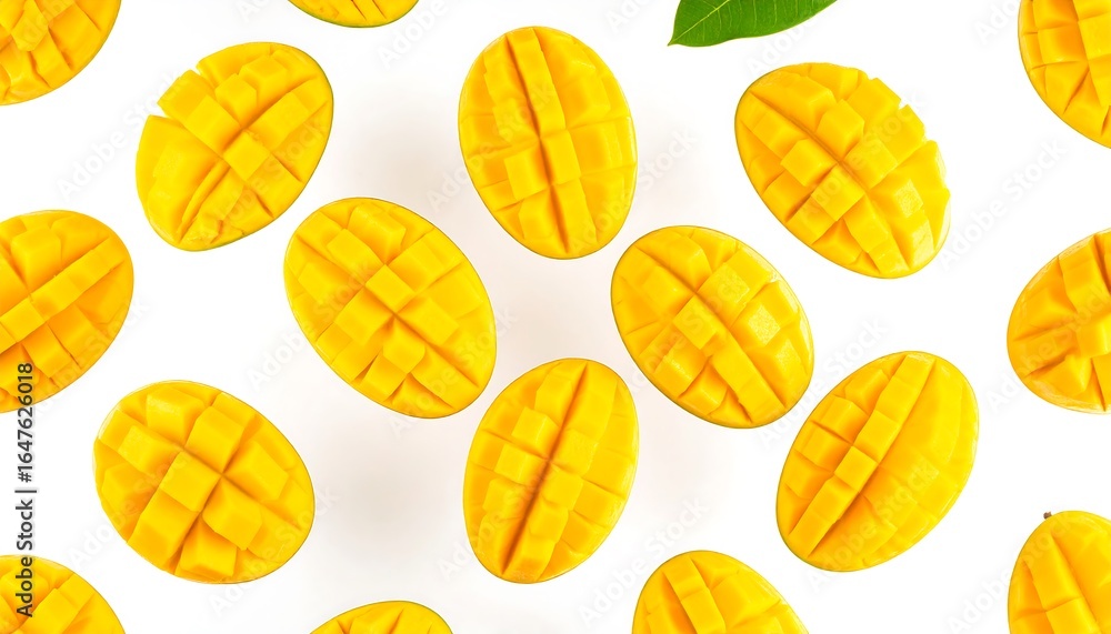 Fototapeta premium Mango slices arranged on a white background