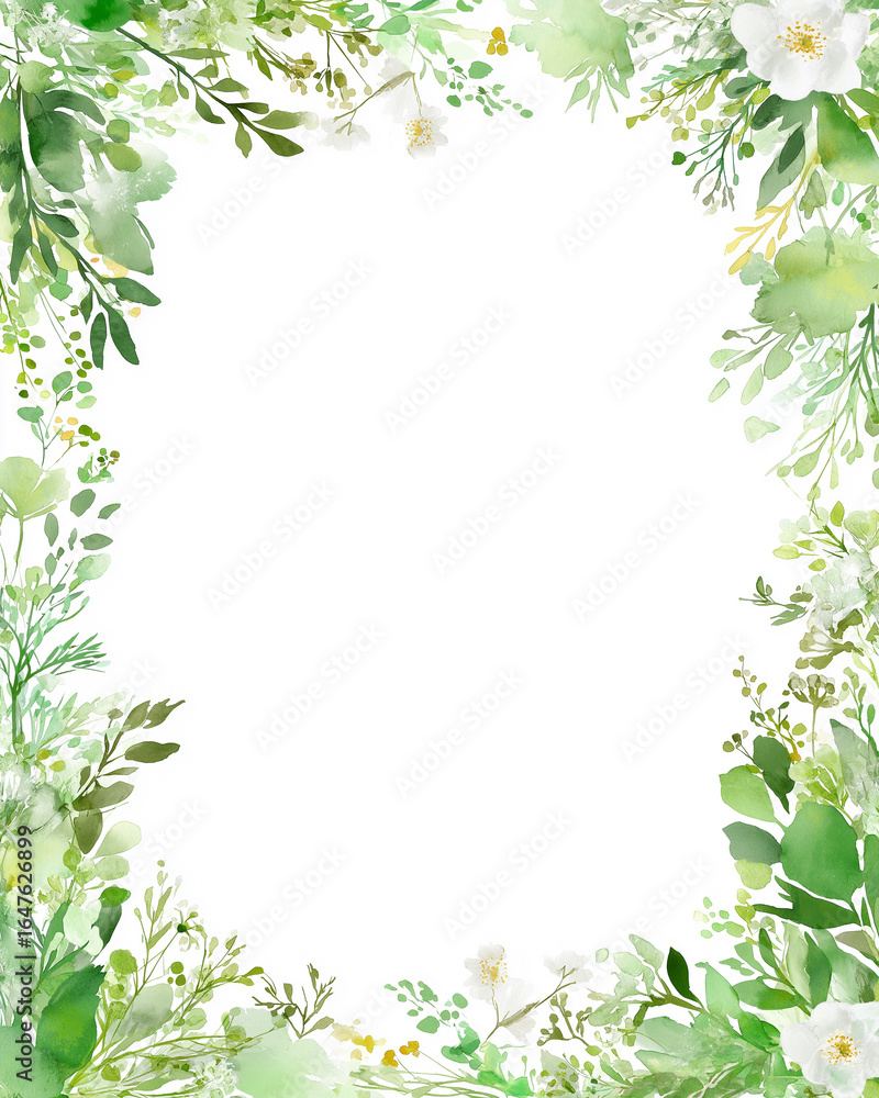 Naklejka premium Soft Green Watercolor Floral Border on Light Background