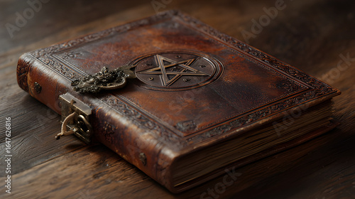 Antique chest and key book. Book of spell. Leather bound ancient book. Vintage, old magic book with leather cover case