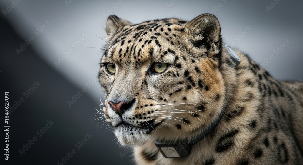 Naklejka premium A snow leopard wearing a tracking collar for wildlife monitoring. Technology is used for animal conservation and protection.