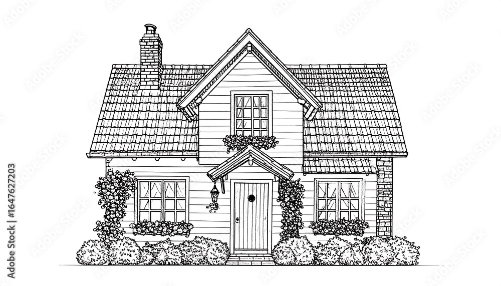 Naklejka premium Detailed Cottage Sketch with Climbing Vines, Window Boxes, and Brick Chimney