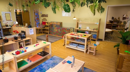 Bright Montessori Classroom Interior with Wooden Furniture and Educational Toys