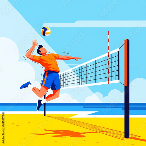 Volleyball Player Spiking Ball on Beach with Net and Ocean in Summer