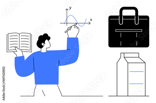 Person holding book and plotting graph, accompanied by a briefcase and milk carton. Ideal for education, analytics, work-life balance, study, business, learning materials sustainability. Simple flat