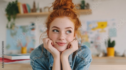 happy cheerful young woman wearing her red hair in bun rejoicing at positive news or birthday gift looking at camera with joyful and charming smile ginger student girl relaxing indoors after college 
