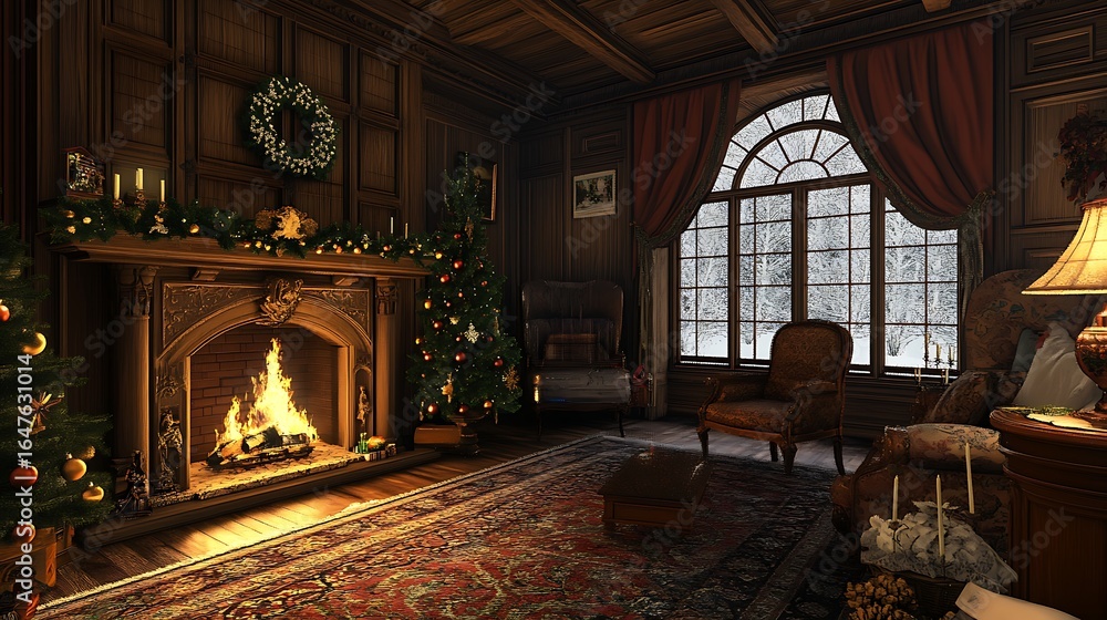 Obraz premium Traditional room featuring warm fire and decorated pine