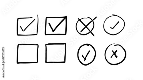Check mark box and cross mark circle vector icons for survey checklist and voting form design element set