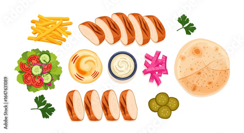 Shawarma ingredients with top view, flat lay, and isolated.