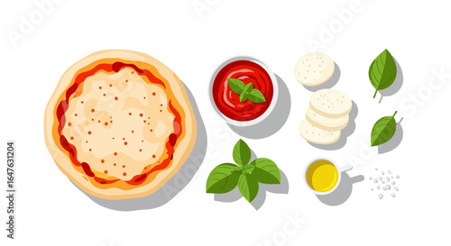 Pizza ingredients flatlay with white background.