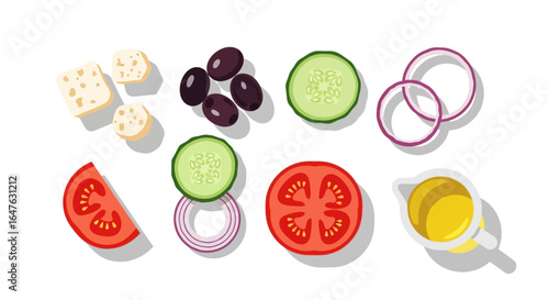 Greek salad ingredients with feta, olives, and vector.