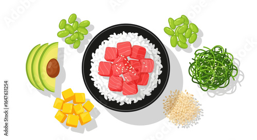 Poke Bowl Healthy food Flat design.