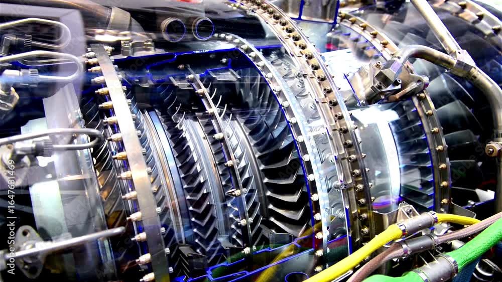 Detailed view showcasing complex inner engine workings of an jet turbine engine. Various components work together, highlighting precision engineering and innovative design in modern machinery.