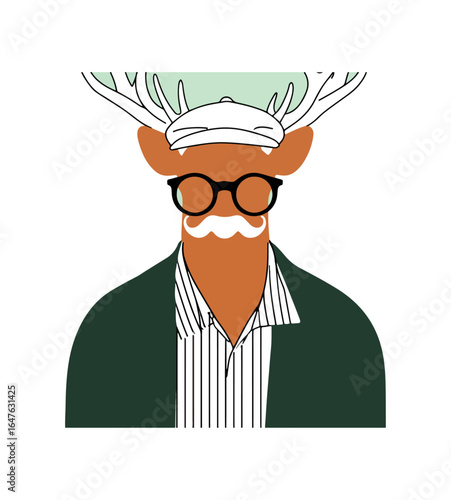 Deer head portrait with hat glasses and mustache illustration