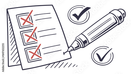Checklist task management with pen and check marks for project planning and productivity improvement design