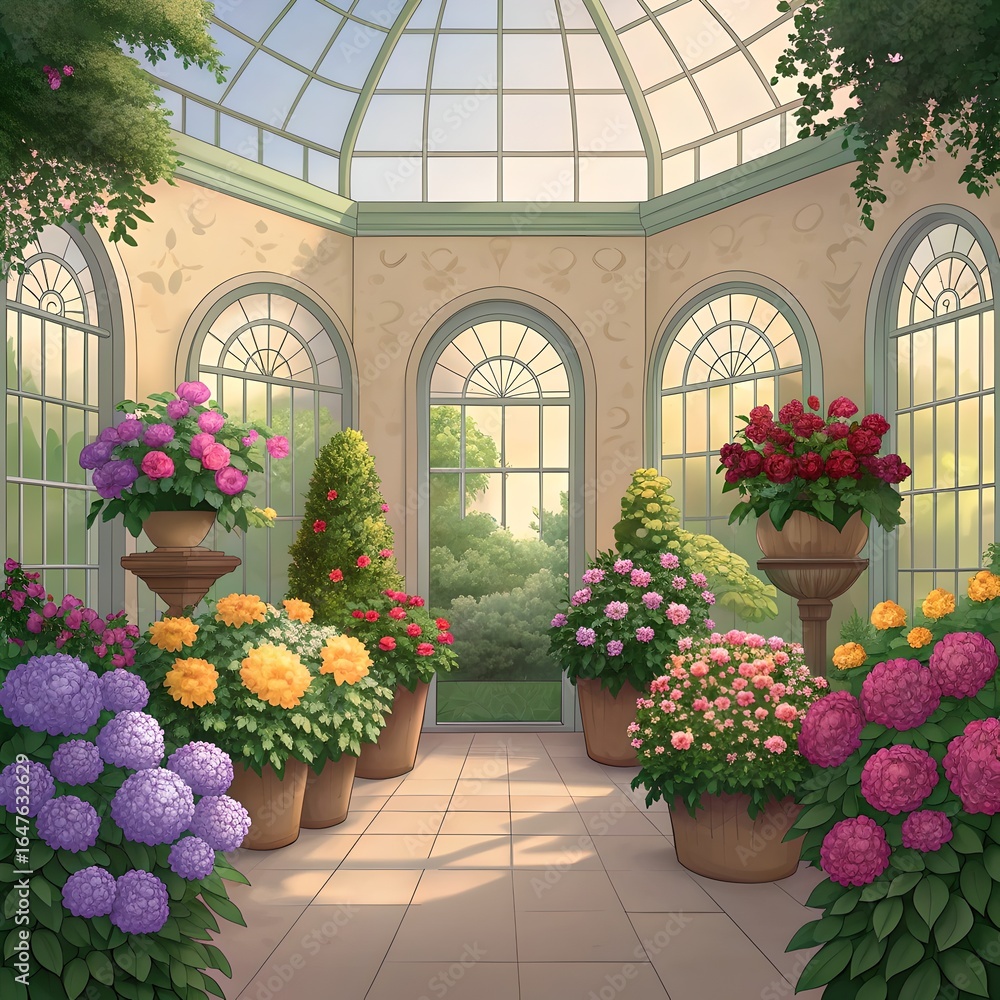 Naklejka premium A serene greenhouse interior filled with vibrant potted flowers and abundant natural light streaming through windows