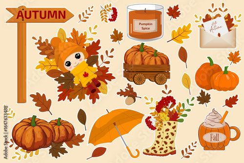 A set of cute autumn stickers with pumpkins, leaves, an umbrella, a candle, rubber boots with a bouquet, a cocoa mug, a cart with a harvest, the inscription "Autumn," and a girl in autumn clothes.