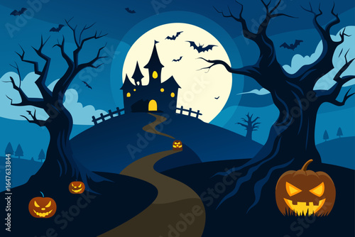 Halloween night with haunted house and moon